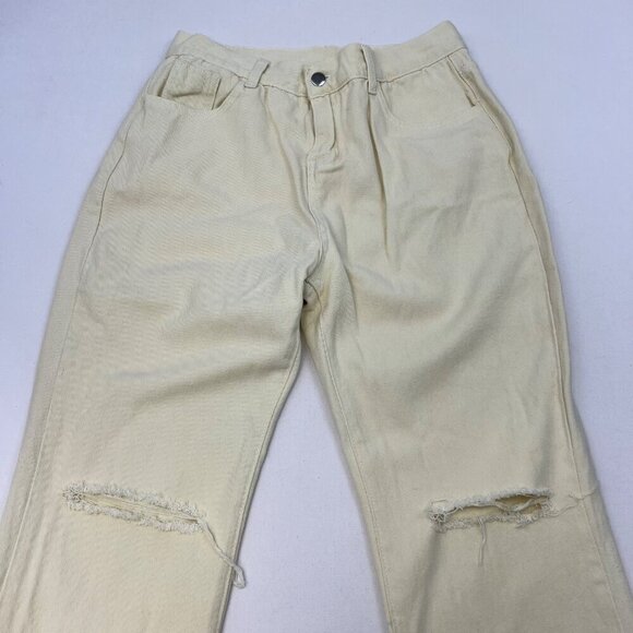 Women’s High Rise Flare Leg Distressed Jeans Pale Yellow Size 29 Waist - Picture 2 of 8